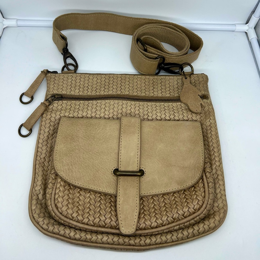 ROOTS Vintage Y2K Side Saddle Woven Beige Cream Leather Crossbody Bag Unisex